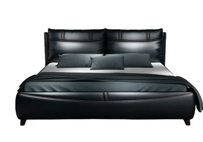 Lit de luxe en cuir noir, confortable et design, 240 x 200 cm, revêtement en cuir souple et confortable, avec cadre de rangement en bois.