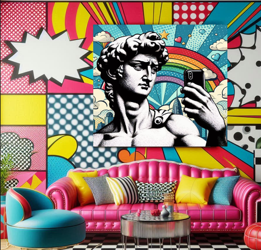 Popart Canvas Wanddecoratie – ‘Selfie David’ – Moderne Kunst met Klassieke Twist – 100x100cm