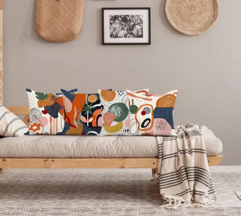 Set van 4 Abstracte Boho Kussenhoezen – Mid-Century Geometrie & Bloemen (40x40, 45x45, 50x50 cm)
