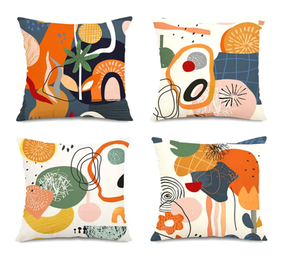 Set van 4 Abstracte Boho Kussenhoezen – Mid-Century Geometrie & Bloemen (40x40, 45x45, 50x50 cm)