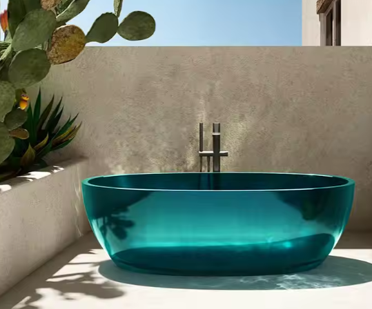 Vrijstaande badkuip in transparant blauw resin met ovale vorm, geplaatst tegen beige gestructureerde buitenmuur; omgeven door groene cactussen en moderne chromen kraan, bad verlicht door zonlicht met subtiele schaduwen en reflecties, een sereen en elegant buitenbad voor luxe wellnesservaring