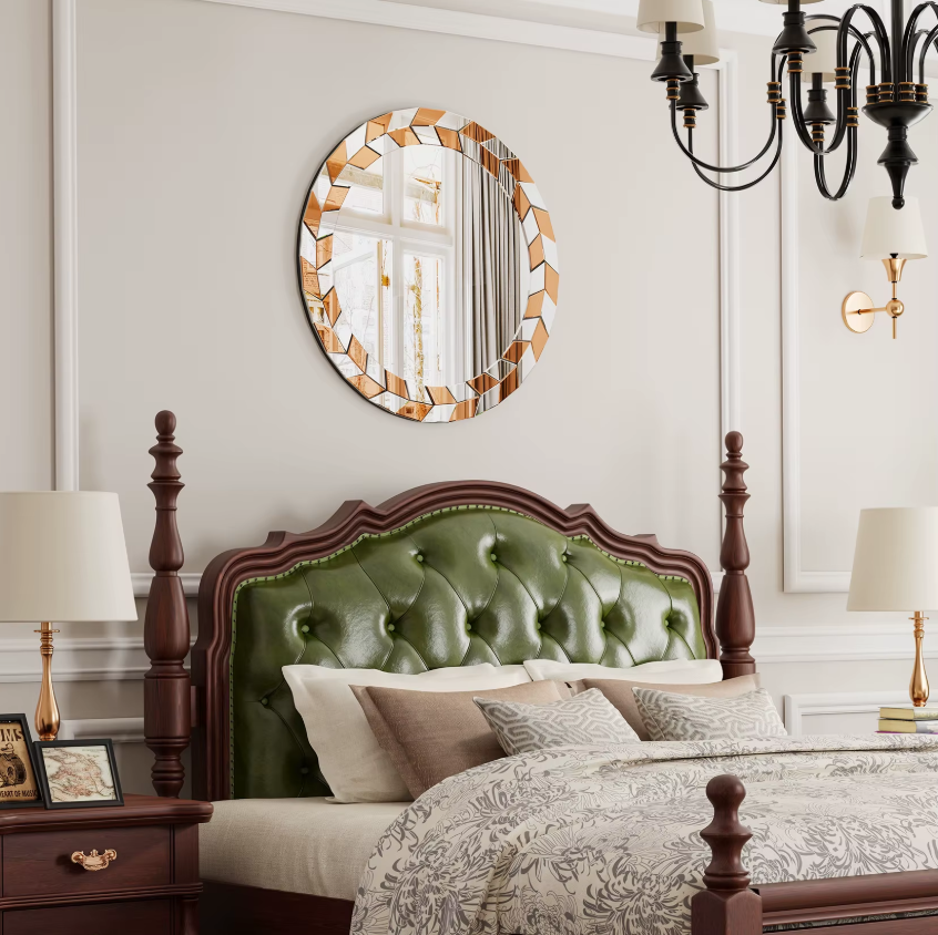 Art-deco Ronde Wandspiegel – 60 cm – Zilver & Tawny Design met 3D-Effect – Luxe Muurdecoratie