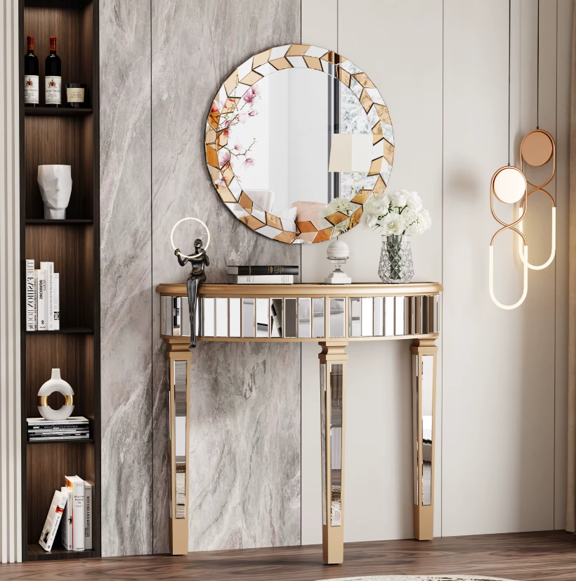 Art-deco Ronde Wandspiegel – 60 cm – Zilver & Tawny Design met 3D-Effect – Luxe Muurdecoratie
