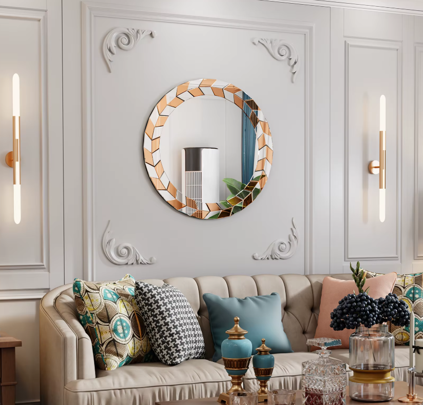 Art-deco Ronde Wandspiegel – 60 cm – Zilver & Tawny Design met 3D-Effect – Luxe Muurdecoratie