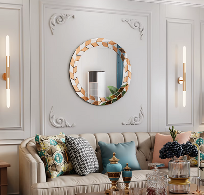 Art-deco Ronde Wandspiegel – 60 cm – Zilver & Tawny Design met 3D-Effect – Luxe Muurdecoratie