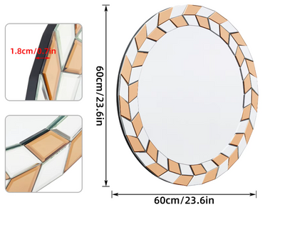 Ronde wandspiegel met decoratief geometrisch frame in oranje en witte diamantvormen, afgezet met zwarte contouren; het ontwerp straalt een ritmische, eigentijdse flair uit die visueel contrasteert met het spiegeloppervlak, ideaal als stijlvol accent in moderne of grafisch ingerichte interieurs