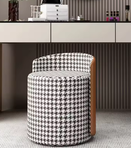 Modern Houndstooth Design Stool with Leather Backrest – Comfortable Makeup Stool &amp; Footstool