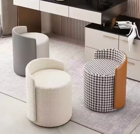 Modern Houndstooth Design Stool with Leather Backrest – Comfortable Makeup Stool &amp; Footstool