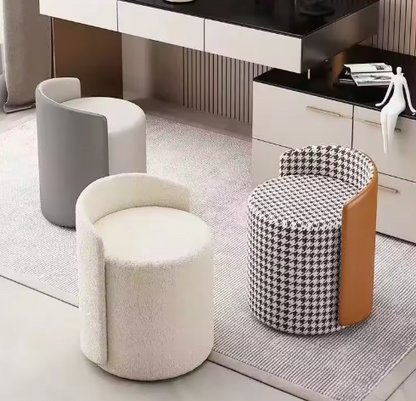 Modern Houndstooth Design Stool with Leather Backrest – Comfortable Makeup Stool &amp; Footstool
