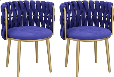 Set van 2 Luxe Designstoelen – Goudkleurig Frame met Gevlochten Fluwelen Rugleuning | Moderne Eetkamer- of Lounge Stoelen