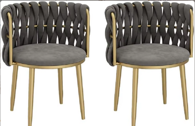 Set van 2 Luxe Designstoelen – Goudkleurig Frame met Gevlochten Fluwelen Rugleuning | Moderne Eetkamer- of Lounge Stoelen