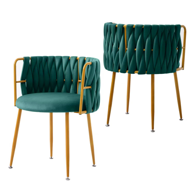 Set of 2 Luxury Designer Chairs – Gold Frame with Braided Velvet Backrest | Modern Dining or Lounge Chairs
