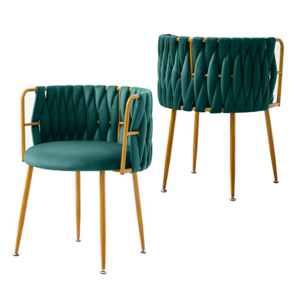 Set of 2 Luxury Designer Chairs – Gold Frame with Braided Velvet Backrest | Modern Dining or Lounge Chairs