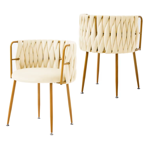 Set of 2 Luxury Designer Chairs – Gold Frame with Braided Velvet Backrest | Modern Dining or Lounge Chairs
