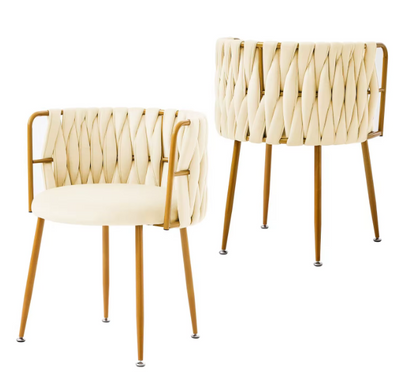 Set van 2 Luxe Designstoelen – Goudkleurig Frame met Gevlochten Fluwelen Rugleuning | Moderne Eetkamer- of Lounge Stoelen