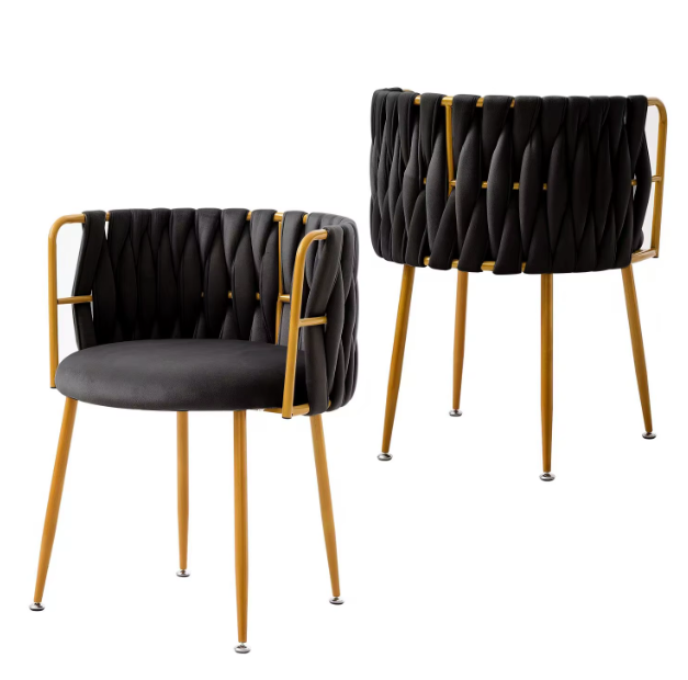 Set of 2 Luxury Designer Chairs – Gold Frame with Braided Velvet Backrest | Modern Dining or Lounge Chairs