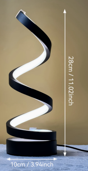 Zwarte spiraalvormige LED tafellamp van 28 cm hoog met 10 cm aluminium basis – modern design met warm wit licht en USB-voeding, ideaal als stijlvolle en compacte sfeerverlichting voor elk interieur.
