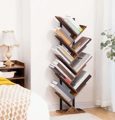 Bibliothèque en forme d'arbre – Étagère de rangement et DVD en bois à 9 niveaux avec cadre en métal – Support de livre vertical pour salon, chambre ou bureau