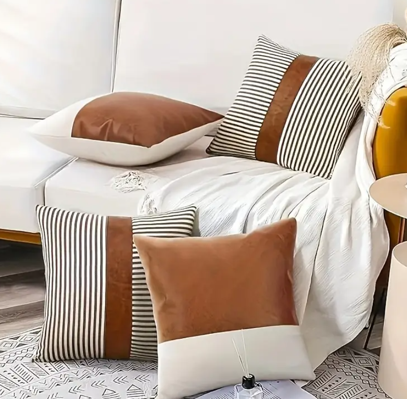 Set van 4 Kussenhoezen – Zwart-Wit Gestreept met Faux Leren Accenten (45x45 cm)