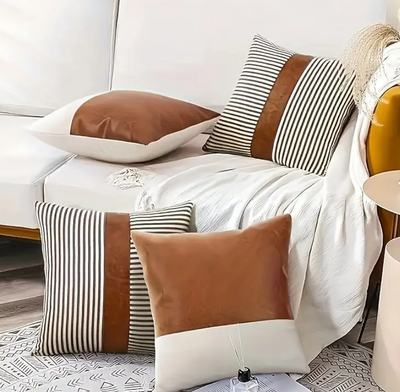 Set van 4 Kussenhoezen – Zwart-Wit Gestreept met Faux Leren Accenten (45x45 cm)