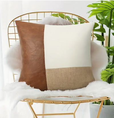 Moderne Kussenhoes in Linnen & PU-leer – Minimalistisch Contrastdesign (45x45 cm)