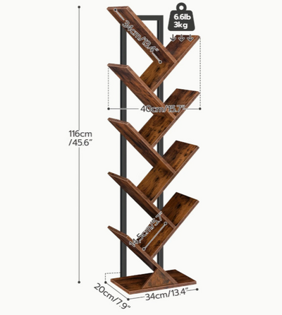 Bibliothèque en forme d'arbre – Étagère de rangement et DVD en bois à 9 niveaux avec cadre en métal – Support de livre vertical pour salon, chambre ou bureau