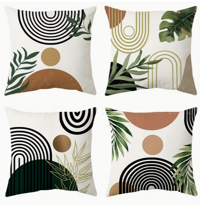 Set van 4 Boho Kussenhoezen – Abstract Zonsondergang & Mid-Century Design (45x45 cm)