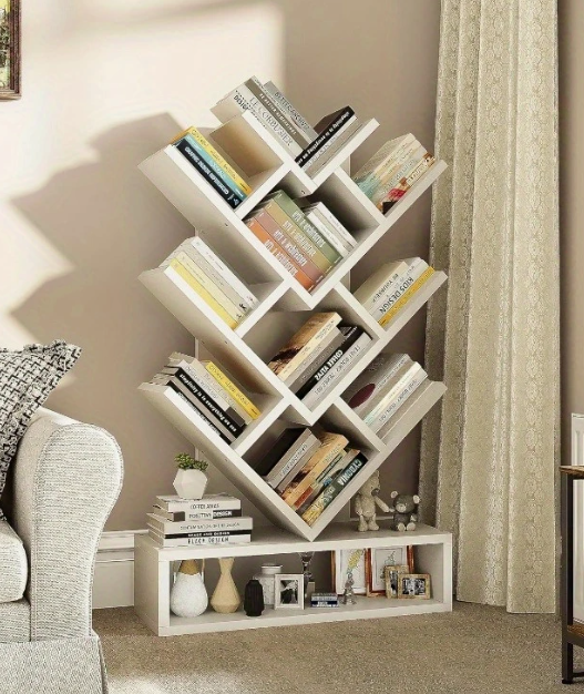 Bibliothèque blanche en forme de cœur – 4 niveaux et 11 compartiments – Étagère de rangement en bois de grande capacité pour salon, chambre ou bureau