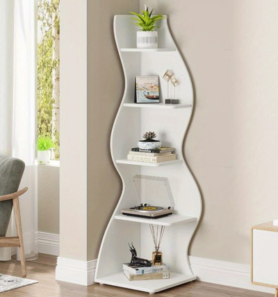 Bibliothèque d'angle moderne à 5 niveaux - Étagère murale au design ondulé blanc