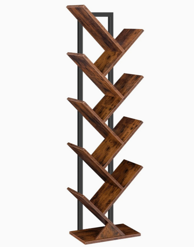 Bibliothèque en forme d'arbre – Étagère de rangement et DVD en bois à 9 niveaux avec cadre en métal – Support de livre vertical pour salon, chambre ou bureau