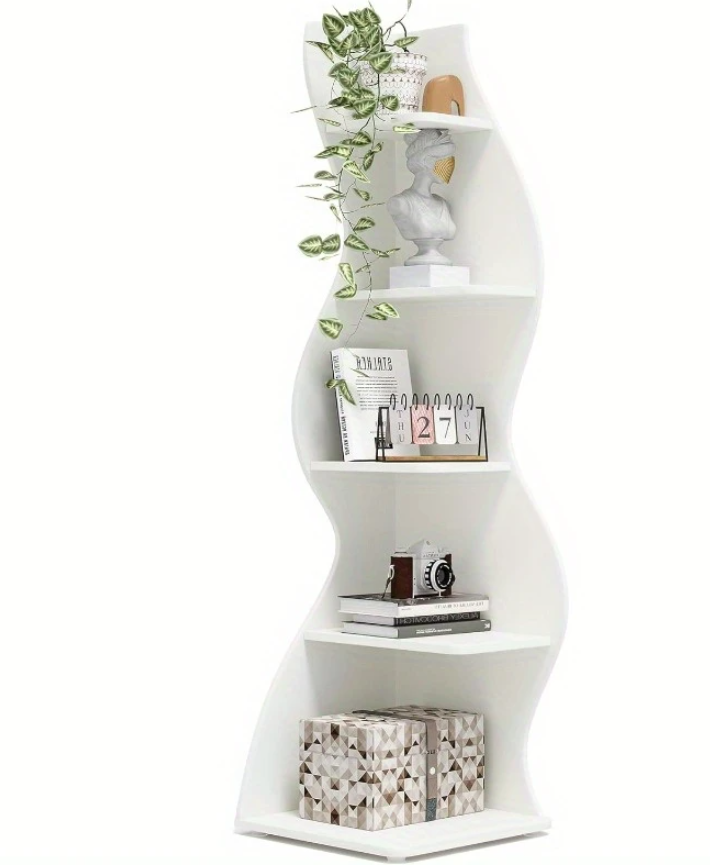 Bibliothèque d'angle moderne à 5 niveaux - Étagère murale au design ondulé blanc
