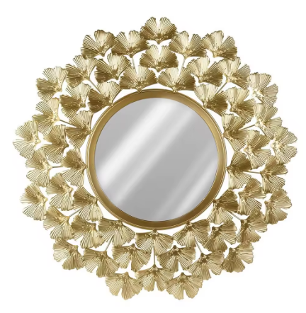 Luxe Gouden Wandspiegel met Ginkgo Bladontwerp – Ø52 cm – Glamour Stijl