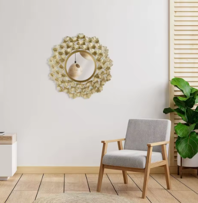 Luxe Gouden Wandspiegel met Ginkgo Bladontwerp – Ø52 cm – Glamour Stijl