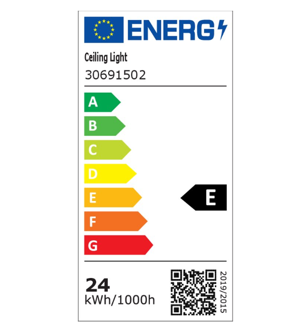 Energie-etiket voor een plafondlamp, met aanduiding van energielabelklasse E op een schaal van A (groen) tot G (rood); het label vermeldt een energieverbruik van 24 kWh per 1000 uur en bevat productinformatie (Ceiling Light, code 30691502), een bliksemicoon en QR-code rechtsonder, geplaatst op een witte achtergrond—ideaal als visuele hulp bij aankoopbeslissing en duurzaamheidsoverwegingen voor verlichting