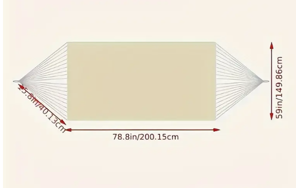 Technische illustratie van een zwarte Braziliaanse hangmat met witte macramé afwerking, inclusief afmetingen in centimeters en inches. De hangmat meet 200 cm in lengte en 150 cm in hoogte, met een eindbreedte van 15 cm inclusief ophangtouwen. Ontworpen voor buitengebruik en eenvoudig op te hangen tussen bomen of aan een standaard — een stijlvolle en comfortabele keuze voor tuin of veranda.