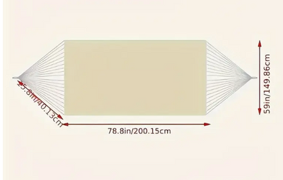 Technische illustratie van een zwarte Braziliaanse hangmat met witte macramé afwerking, inclusief afmetingen in centimeters en inches. De hangmat meet 200 cm in lengte en 150 cm in hoogte, met een eindbreedte van 15 cm inclusief ophangtouwen. Ontworpen voor buitengebruik en eenvoudig op te hangen tussen bomen of aan een standaard — een stijlvolle en comfortabele keuze voor tuin of veranda.