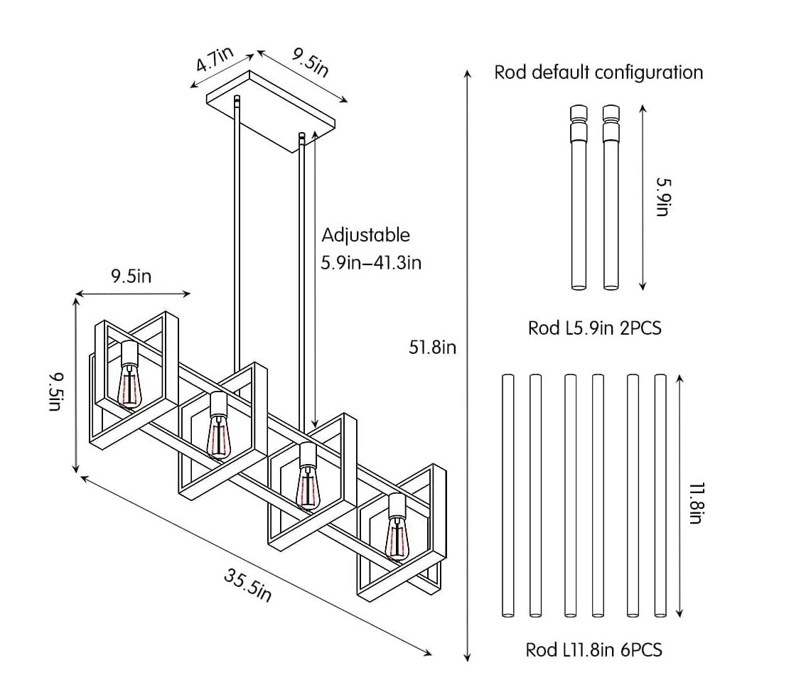 Diagram van moderne hanglamp met rechthoekige frame en vier lichtpunten; afmetingen zijn duidelijk aangeduid: totale lengte 90,2 cm, breedte 24,1 cm, hoogte 24,1 cm; de lamp hangt via meerdere metalen stangen met verstelbare lengtes van 15 tot 105 cm, wat resulteert in een maximale hoogte van 131,6 cm; plafondmontageplaat is 11,9 x 24,1 cm, en het meegeleverde montagesysteem omvat 2 staven van 15 cm en 6 van 30 cm; een flexibel instelbaar verlichtingsarmatuur voor keukeneiland, eetkamer of woonkamer