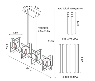 Diagram van moderne hanglamp met rechthoekige frame en vier lichtpunten; afmetingen zijn duidelijk aangeduid: totale lengte 90,2 cm, breedte 24,1 cm, hoogte 24,1 cm; de lamp hangt via meerdere metalen stangen met verstelbare lengtes van 15 tot 105 cm, wat resulteert in een maximale hoogte van 131,6 cm; plafondmontageplaat is 11,9 x 24,1 cm, en het meegeleverde montagesysteem omvat 2 staven van 15 cm en 6 van 30 cm; een flexibel instelbaar verlichtingsarmatuur voor keukeneiland, eetkamer of woonkamer