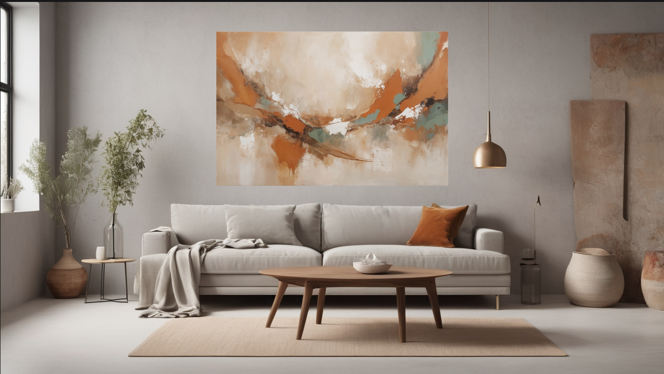 Detail van abstracte wanddecoratie – vloeiende lijnen en subtiele kleurverlopen in warme aardetinten op hoogwaardig canvas.