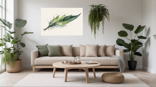Detail van de minimalistische lijntekening – zwarte contouren en subtiele groene accenten op hoogwaardig canvas met 4,5 cm frame.