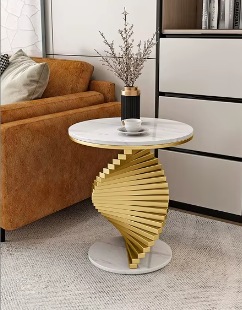Luxe Bijzettafel met Wit of zwart Marmer en Goudkleurige Spiraalbasis Italiaans Design