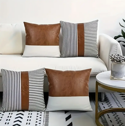 Set van 4 Kussenhoezen – Zwart-Wit Gestreept met Faux Leren Accenten (45x45 cm)