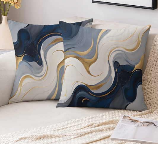 Abstracte sierkussens met marmerlook in blauw, goud en grijs
