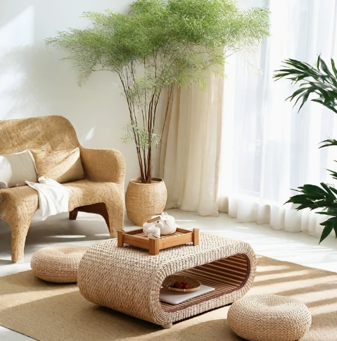 Sfeervol interieurbeeld met ronde handgeweven Tatami salontafel van natuurlijk gras, gedecoreerd met houten tray met theeset en kleine bloem; tafel omringd door rattan fauteuil met wit kussen en plaid, twee ronde vloerkussens en grote kamerplant, geplaatst op houten vloer met lichte gordijnen; een Zen-geïnspireerde en rustgevende zithoek met natuurlijke materialen en organische vormen