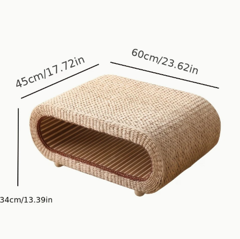 Japanse Tatami salontafel, handgeweven van natuurlijk gras in naturel beige kleur; lage ronde tafel met Zen-uitstraling, geschikt als salontafel, theetafel of decoratief accent in woonkamer, balkon of leeshoek; lichtgewicht en compact ontwerp geïnspireerd op traditionele Japanse stijl met organische textuur