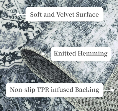 Detailopname van vintage vloerkleed met zachte fluwelen oppervlak in grijs-wittinten; het kleed heeft een gebreide zoom en een TPR-geïnfuseerde antislip-onderzijde voor stabiliteit op harde vloeren; het ontwerp combineert comfort, elegantie en praktische eigenschappen, ideaal voor dagelijks gebruik in woon- of slaapkamer