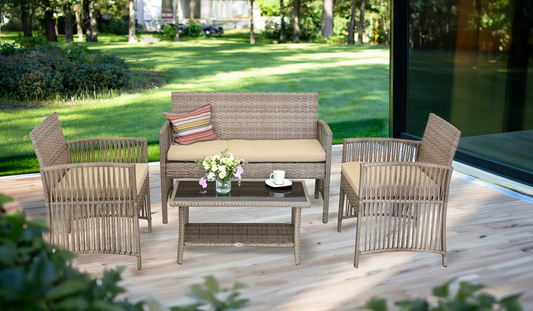 Luxe 4-delige Loungeset van Rotan – Tuinmeubelset met Tafel, Bank en Stoelen – Weerbestendig & Comfortabel