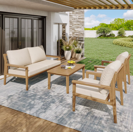 4-delige Massief Houten Loungeset – Luxe Tuinmeubelen met Kussens en Tafel – Duurzaam & Stijlvol voor Buiten