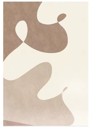 Rechthoekig vloerkleed met abstract wervelend patroon van afgeronde witte druppelvormen op warme bruinrode achtergrond; voegt een organisch accent toe aan moderne woonkamers.