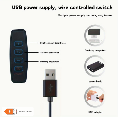USB-voedingskabel met ingebouwde bedrade controller; vier knoppen: plus, cirkel, min en aan/uit.